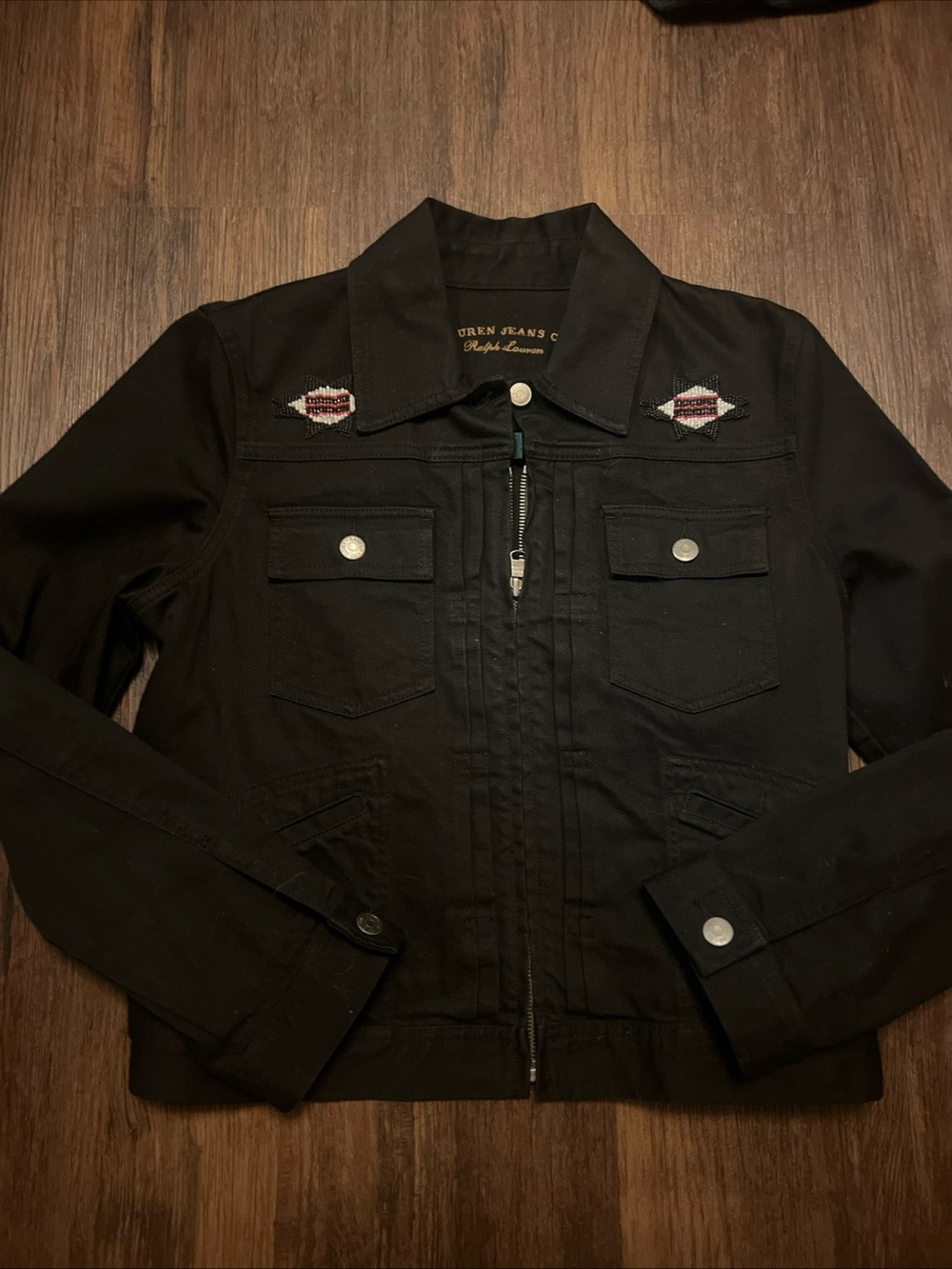 Ralph Lauren Black Denim Jacket with Geometric Embroidery